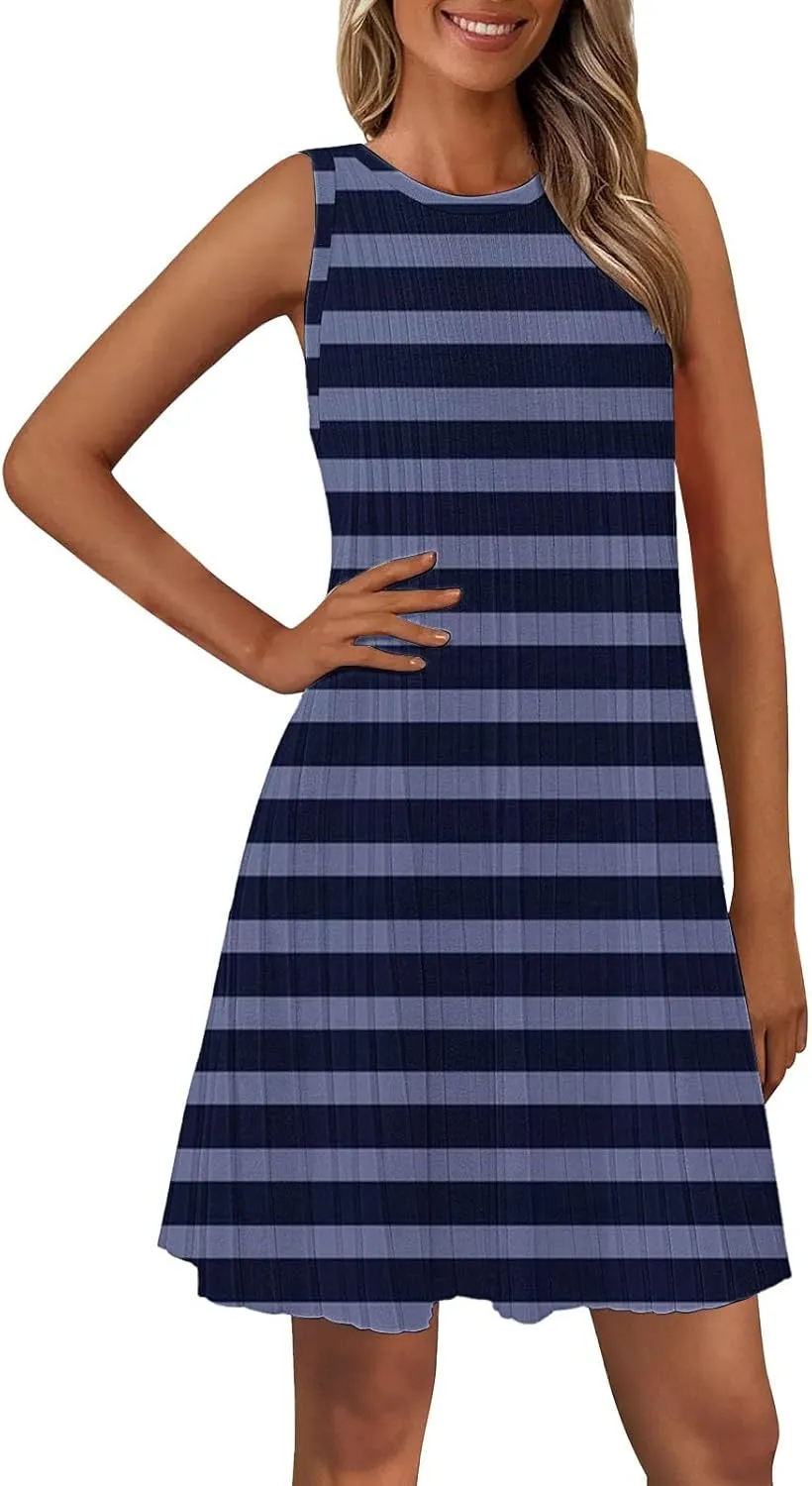 Summer Dresses for Women 2025 Loose Beach Vacation Casual Crew Neck Casual Boho Dress Sleeveless Sundresses with Pockets