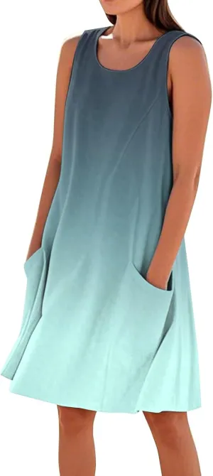 Summer Dresses for Women 2025 Loose Casual Tank Dress Sleeveless U Neck Sundresses Beach T Shirt Dress with Pockets