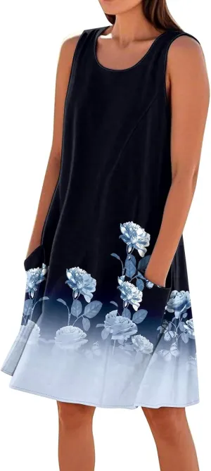 Summer Dresses for Women 2025 Loose Casual Tank Dress Sleeveless U Neck Sundresses Beach T Shirt Dress with Pockets