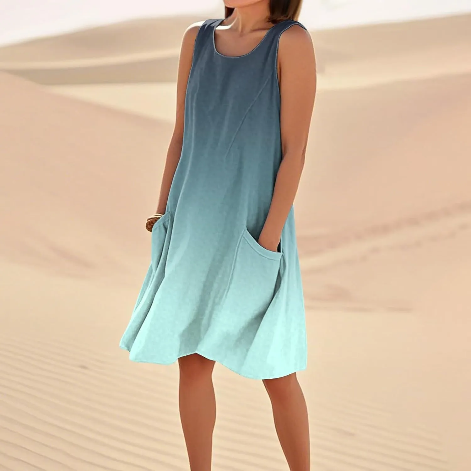 Summer Dresses for Women 2025 Loose Casual Tank Dress Sleeveless U Neck Sundresses Beach T Shirt Dress with Pockets