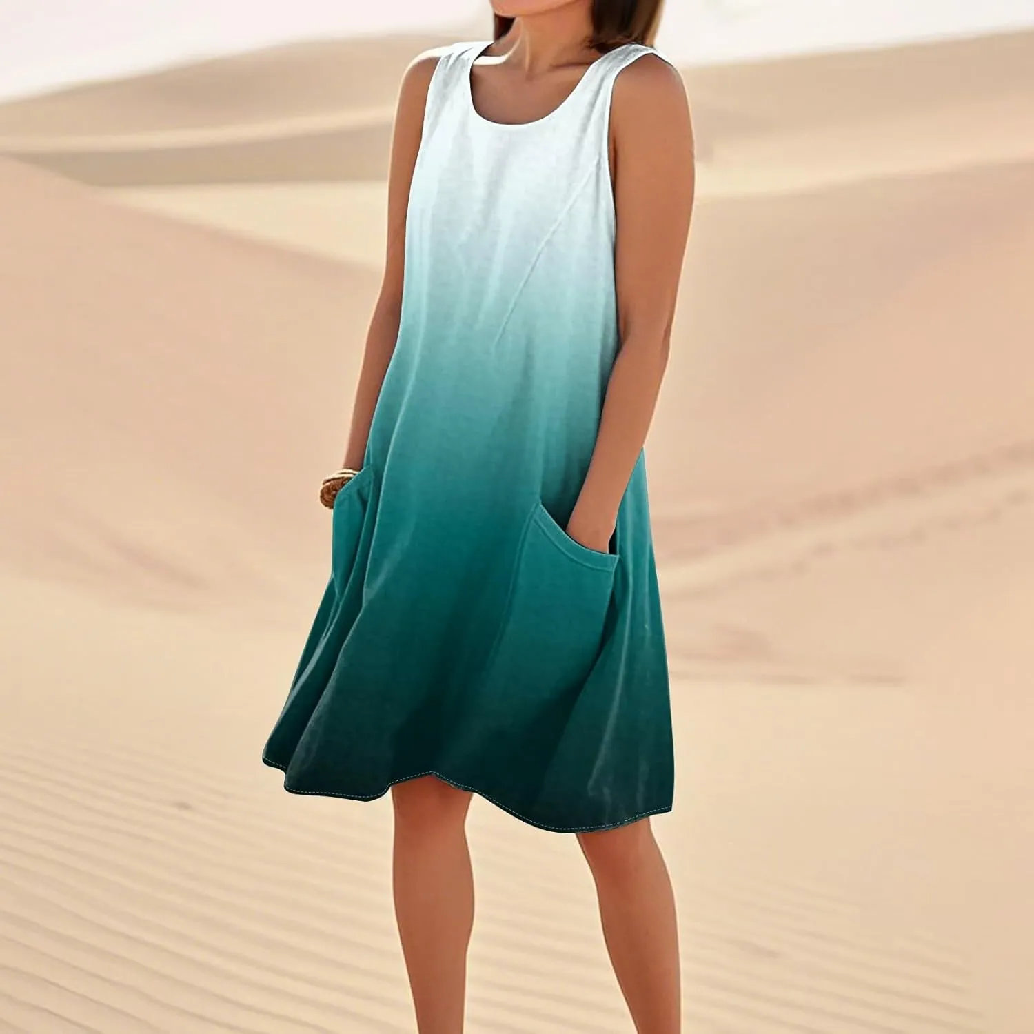Summer Dresses for Women 2025 Loose Casual Tank Dress Sleeveless U Neck Sundresses Beach T Shirt Dress with Pockets
