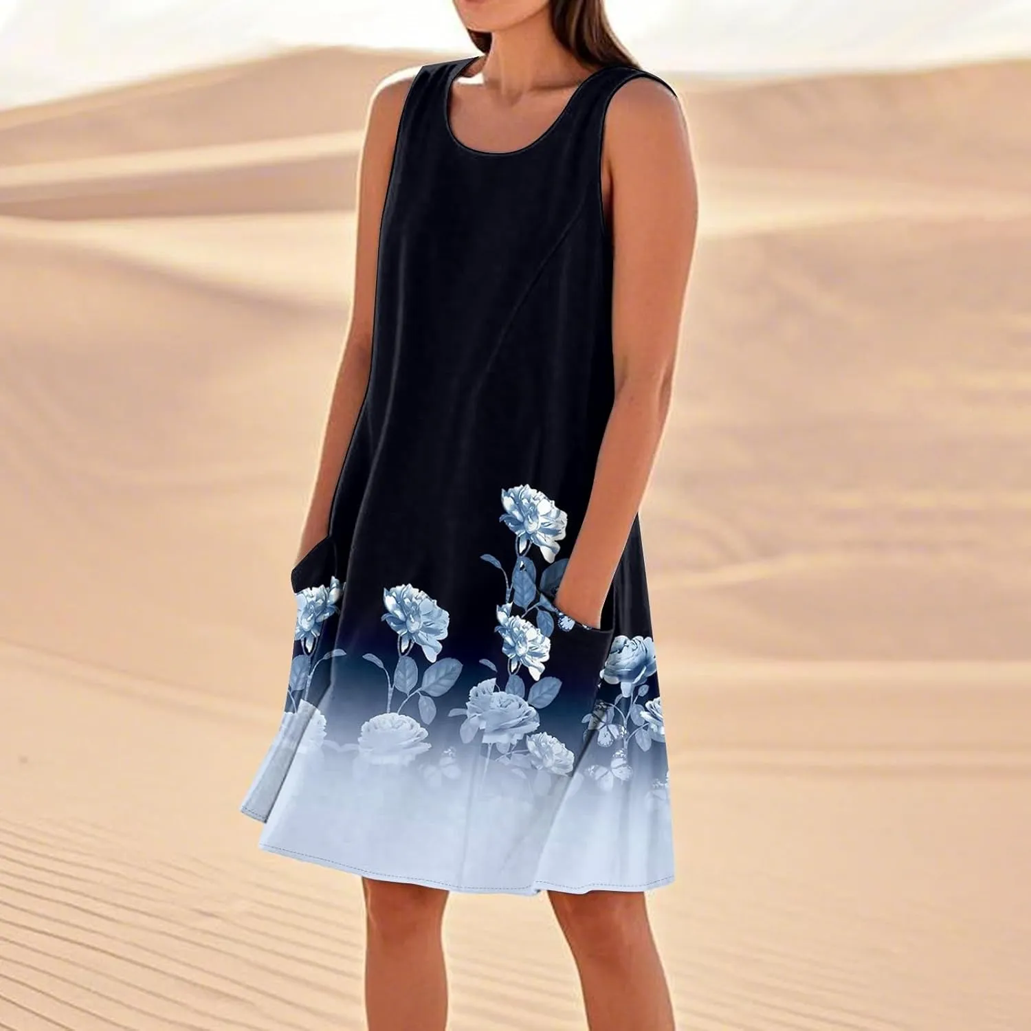 Summer Dresses for Women 2025 Loose Casual Tank Dress Sleeveless U Neck Sundresses Beach T Shirt Dress with Pockets