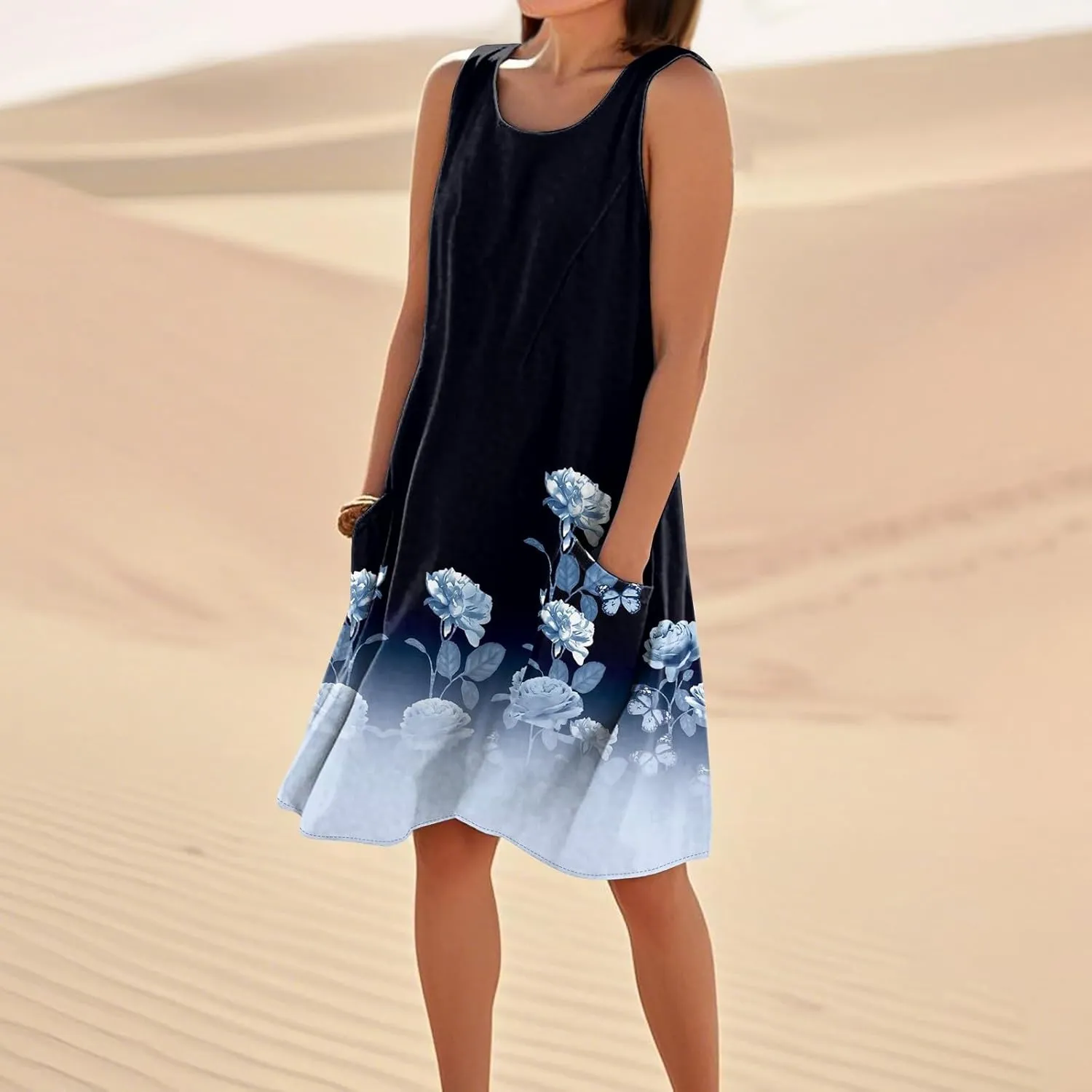 Summer Dresses for Women 2025 Loose Casual Tank Dress Sleeveless U Neck Sundresses Beach T Shirt Dress with Pockets