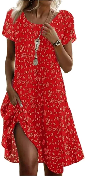 Summer Dresses for Women 2025 Loose Crewneck Short Sleeve Casual T Shirt Dress Flowy Sundresses Swimsuit Coverup
