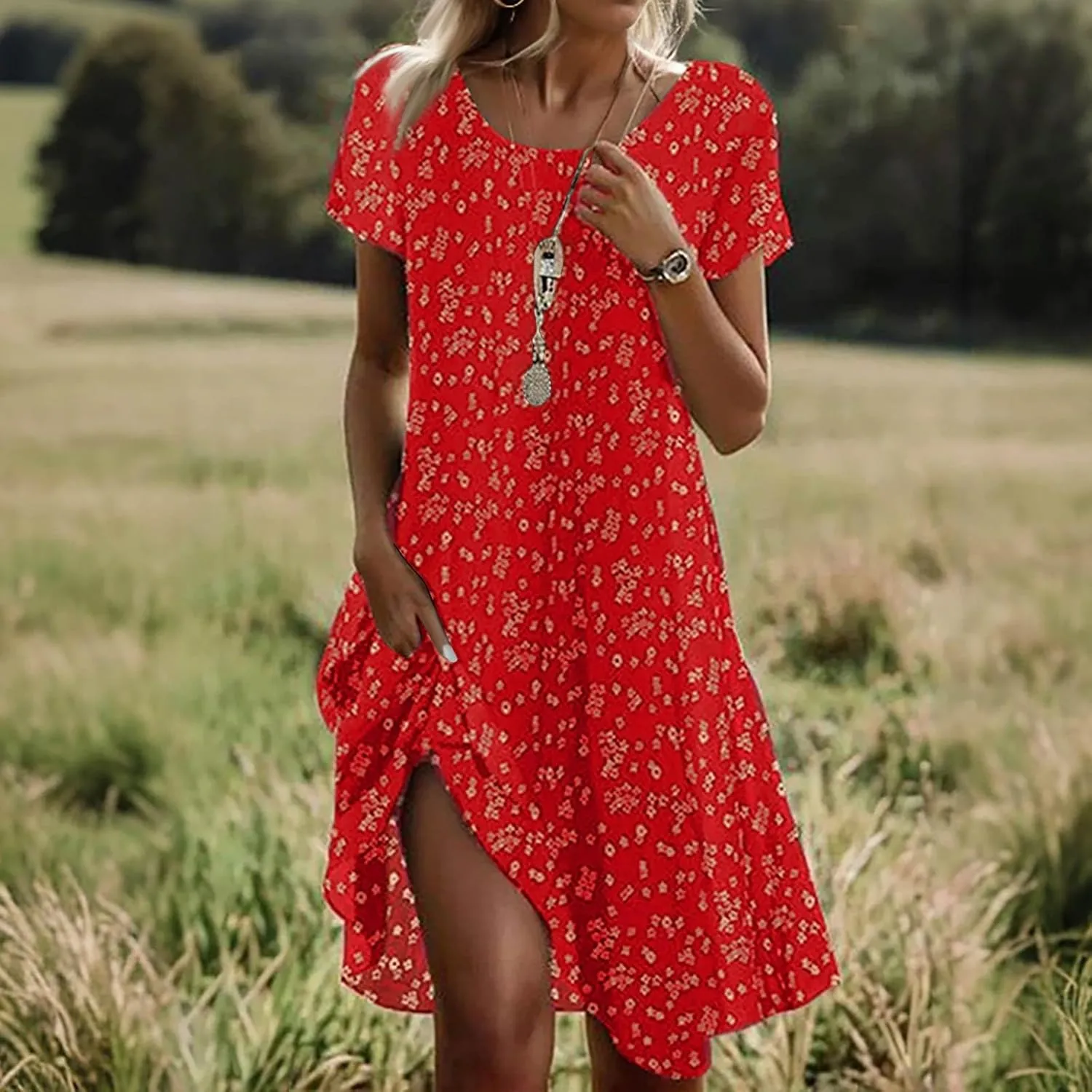 Summer Dresses for Women 2025 Loose Crewneck Short Sleeve Casual T Shirt Dress Flowy Sundresses Swimsuit Coverup