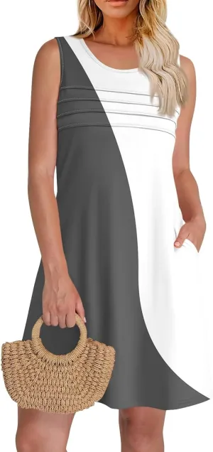 Summer Dresses for Women 2025 Sleeveless Casual Sundresses O Neck Loose Pleated Front Tank Dress Floral T Shirt Dresses