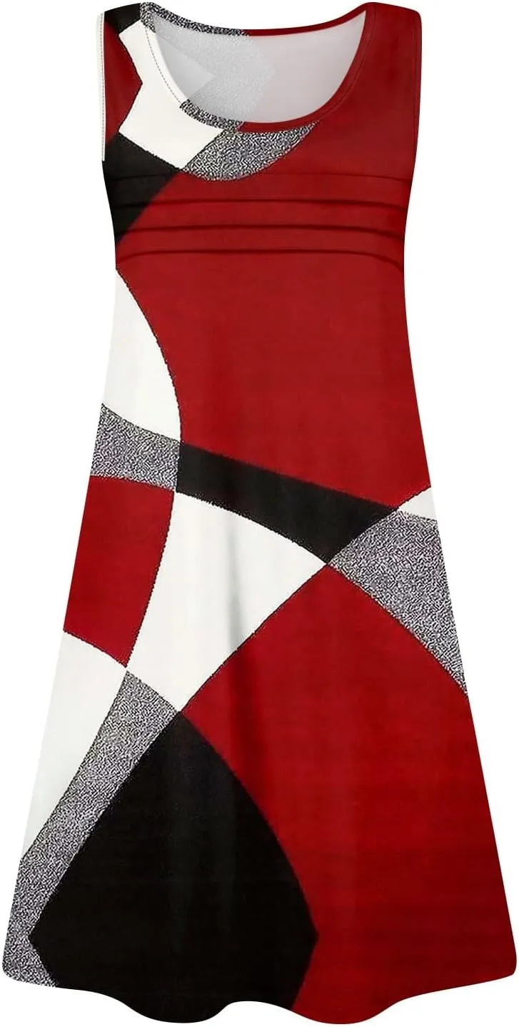 Summer Dresses for Women 2025 Sleeveless Casual Sundresses O Neck Loose Pleated Front Tank Dress Floral T Shirt Dresses