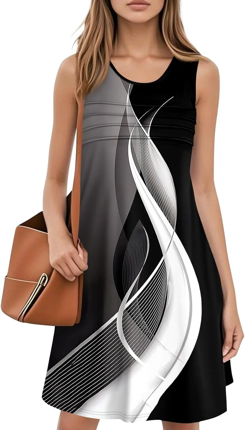 Summer Dresses for Women 2025 Sleeveless Casual Sundresses O Neck Loose Pleated Front Tank Dress Floral T Shirt Dresses