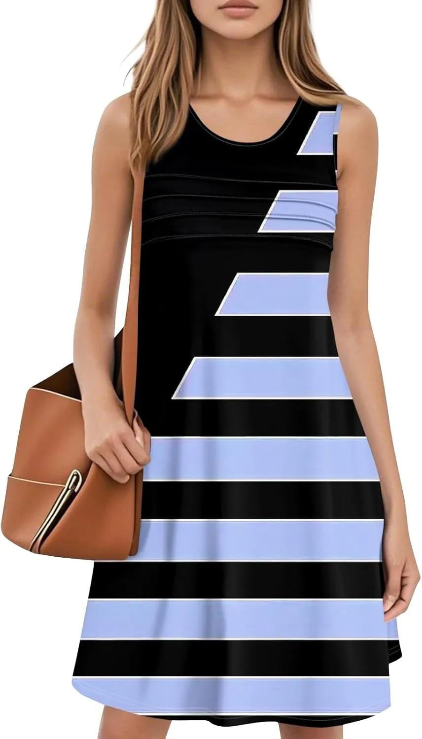 Summer Dresses for Women 2025 Sleeveless Casual Sundresses O Neck Loose Pleated Front Tank Dress Floral T Shirt Dresses