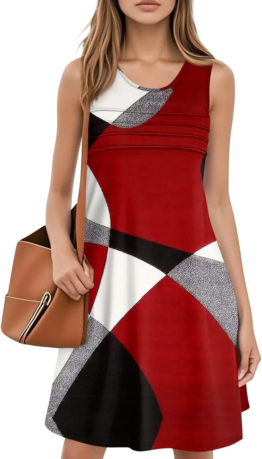 Summer Dresses for Women 2025 Sleeveless Casual Sundresses O Neck Loose Pleated Front Tank Dress Floral T Shirt Dresses
