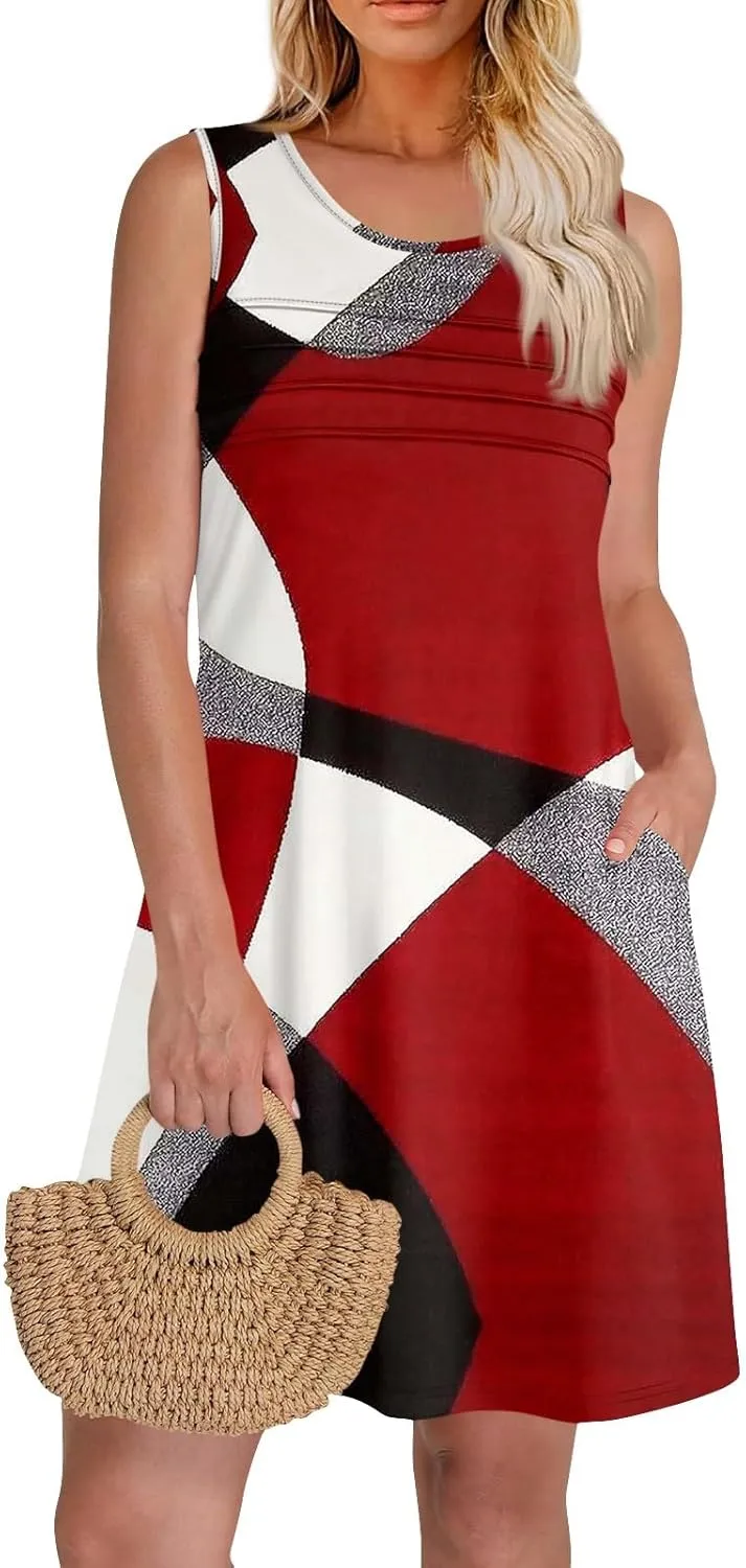Summer Dresses for Women 2025 Sleeveless Casual Sundresses O Neck Loose Pleated Front Tank Dress Floral T Shirt Dresses