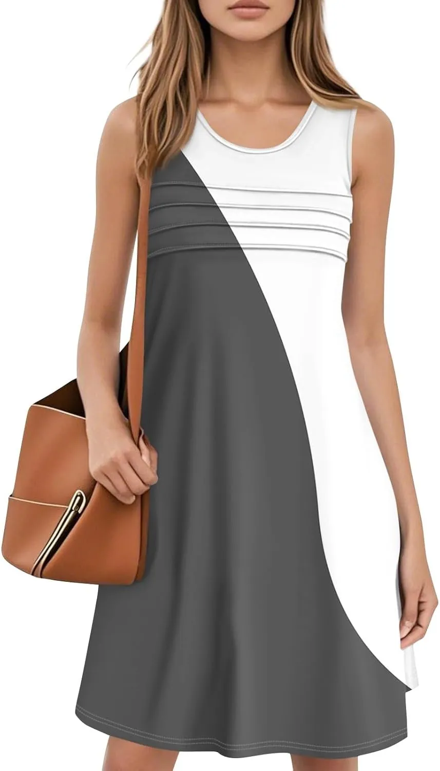 Summer Dresses for Women 2025 Sleeveless Casual Sundresses O Neck Loose Pleated Front Tank Dress Floral T Shirt Dresses