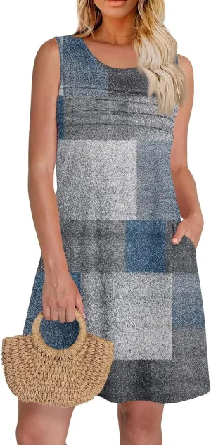 Summer Dresses for Women 2025 Sleeveless Casual Sundresses O Neck Loose Pleated Front Tank Dress Floral T Shirt Dresses