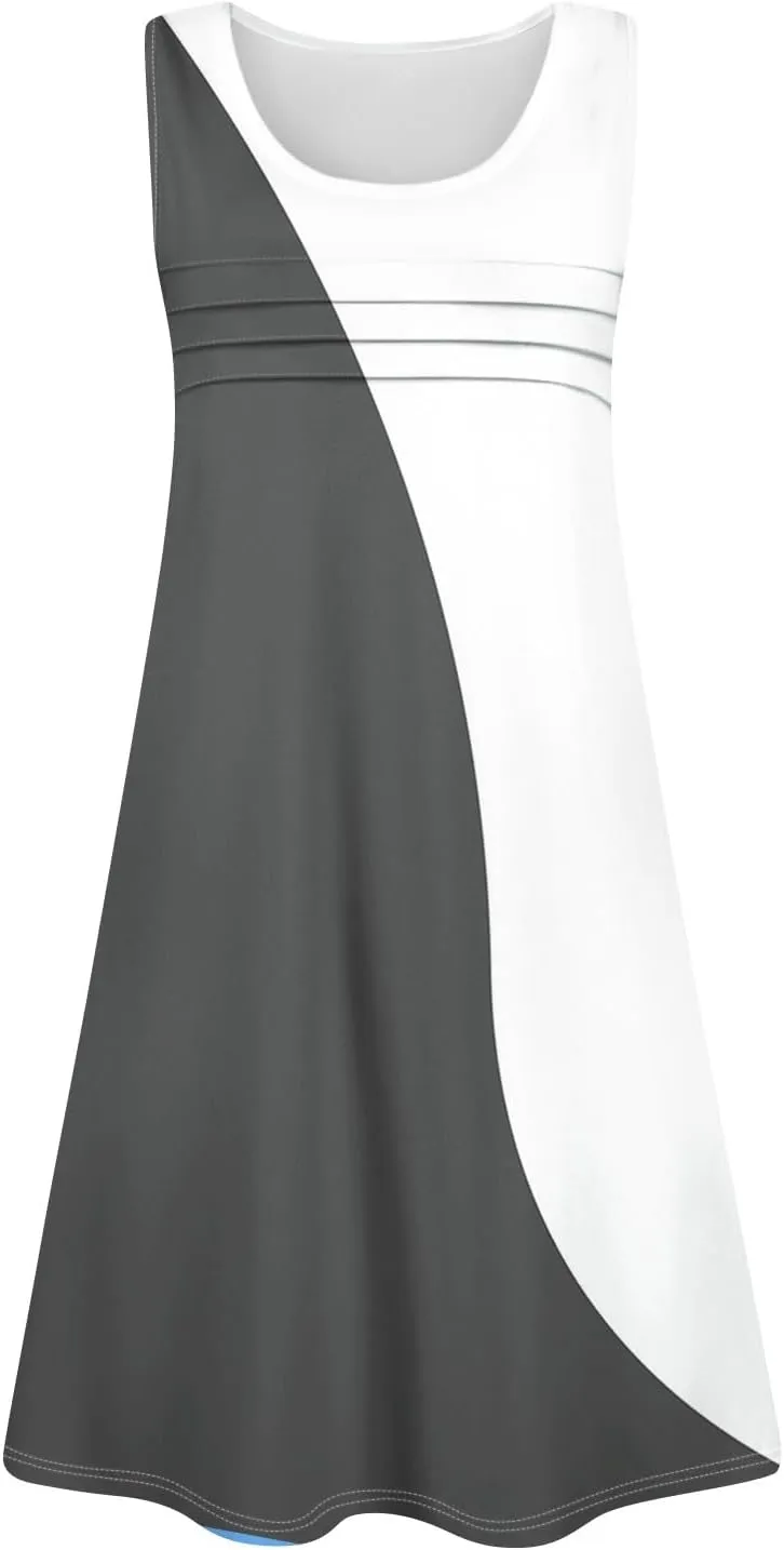 Summer Dresses for Women 2025 Sleeveless Casual Sundresses O Neck Loose Pleated Front Tank Dress Floral T Shirt Dresses