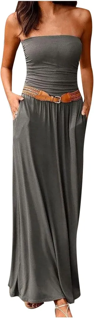 Summer Dresses for Women 2025 Strapless Tube Top Maxi Dress Flowy Pleated Long Dress Off Shoulder Boho Beach Party Sundress