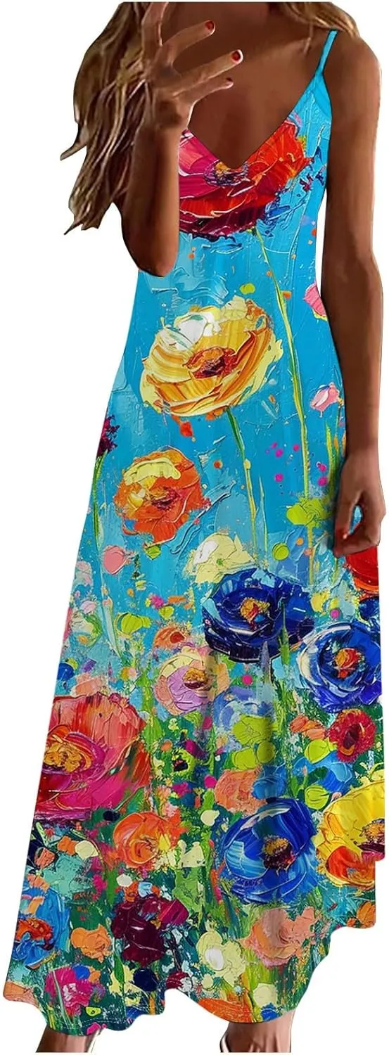 Summer Dresses for Women 2025 Vacation Casual V Neck Maxi Dress Trendy A-Line Flowy Beach Spaghetti Strap Sundress