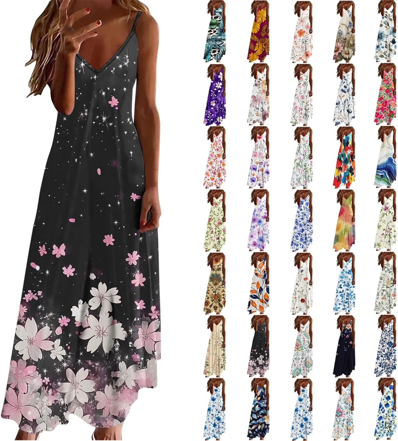 Summer Dresses for Women 2025 Vacation Casual V Neck Maxi Dress Trendy A-Line Flowy Beach Spaghetti Strap Sundress