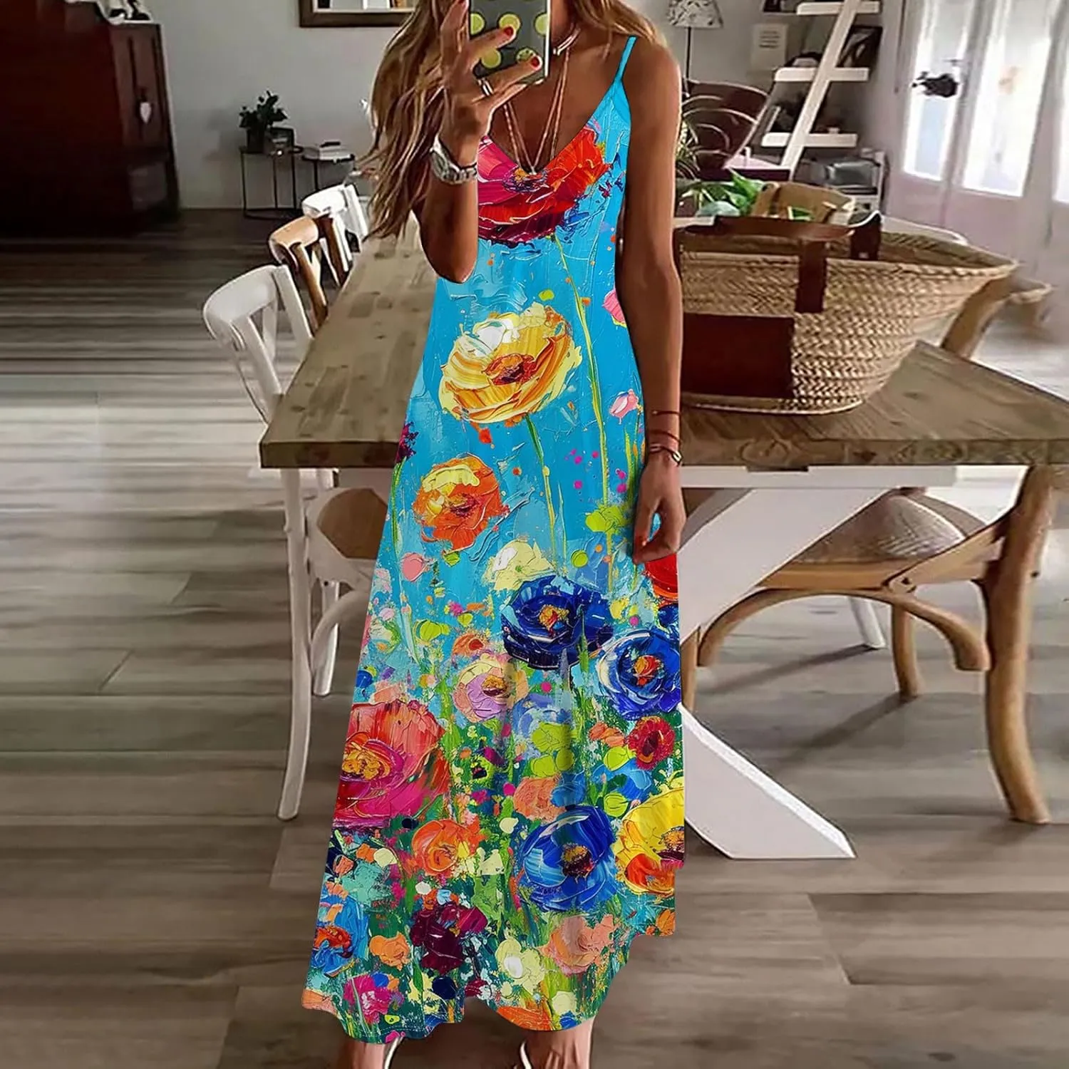 Summer Dresses for Women 2025 Vacation Casual V Neck Maxi Dress Trendy A-Line Flowy Beach Spaghetti Strap Sundress
