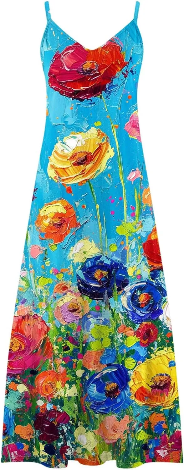 Summer Dresses for Women 2025 Vacation Casual V Neck Maxi Dress Trendy A-Line Flowy Beach Spaghetti Strap Sundress