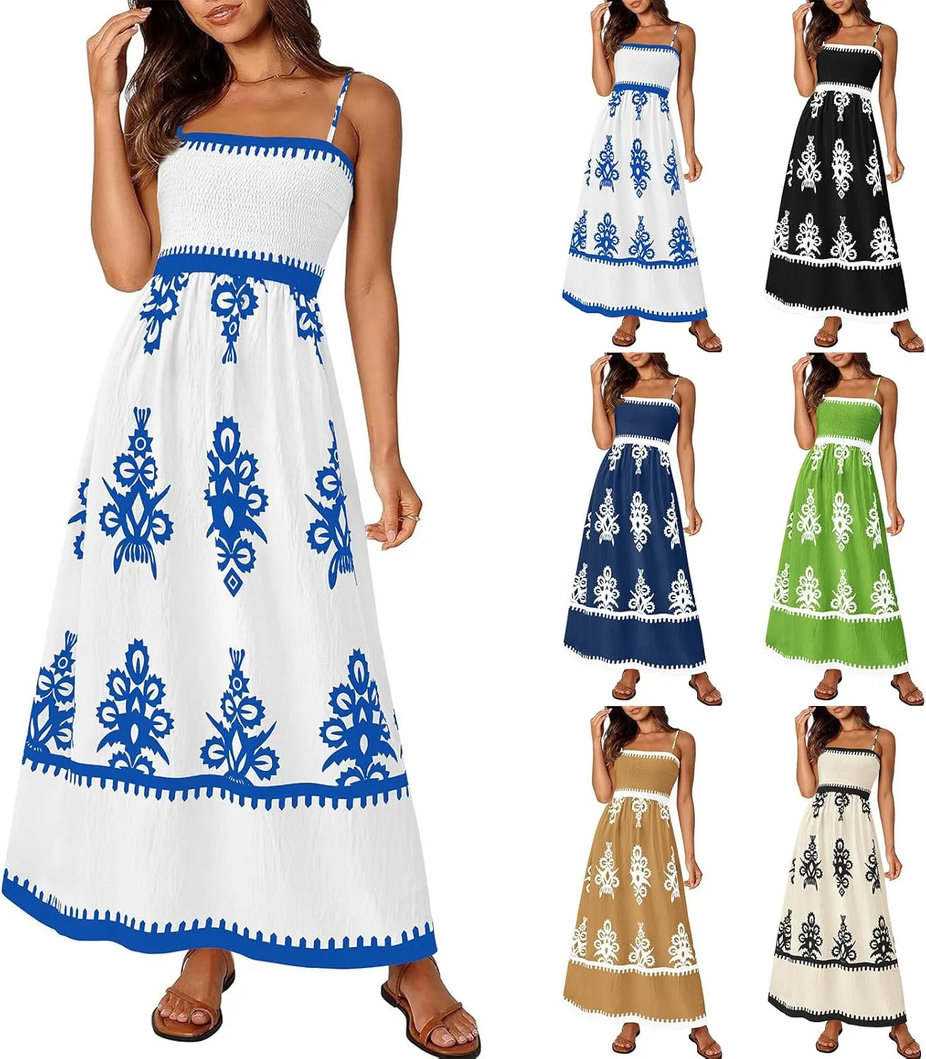 Summer Dresses for Women Elegant Spaghetti Strap Smocked Neck Sundresses with Pockets Vintage Printed Beach Dresses