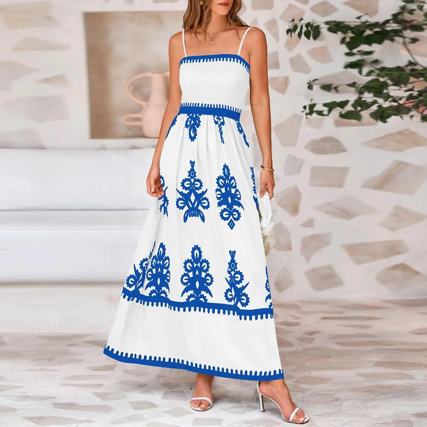 Summer Dresses for Women Elegant Spaghetti Strap Smocked Neck Sundresses with Pockets Vintage Printed Beach Dresses