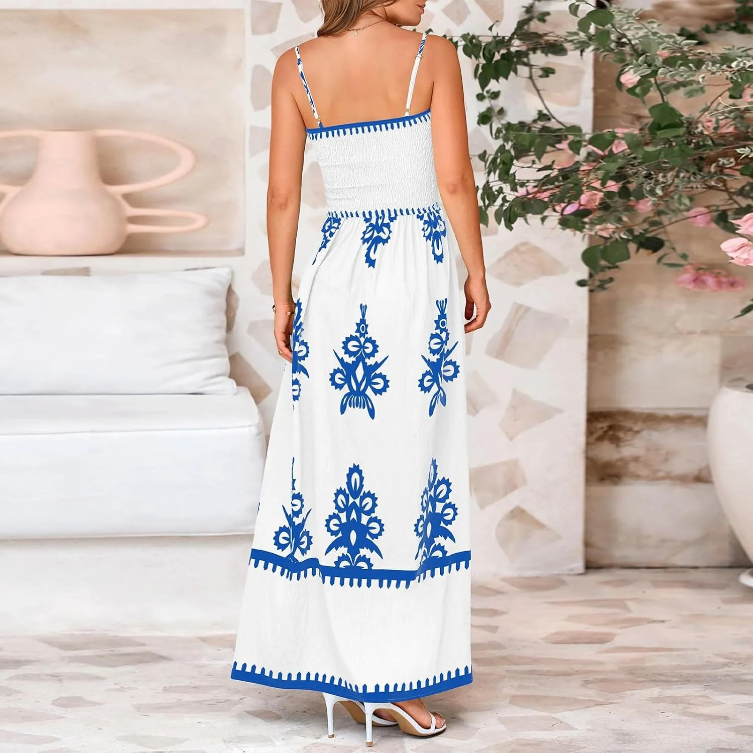 Summer Dresses for Women Elegant Spaghetti Strap Smocked Neck Sundresses with Pockets Vintage Printed Beach Dresses
