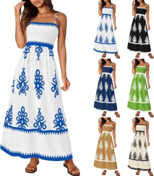 Summer Dresses for Women Elegant Spaghetti Strap Smocked Neck Sundresses with Pockets Vintage Printed Beach Dresses