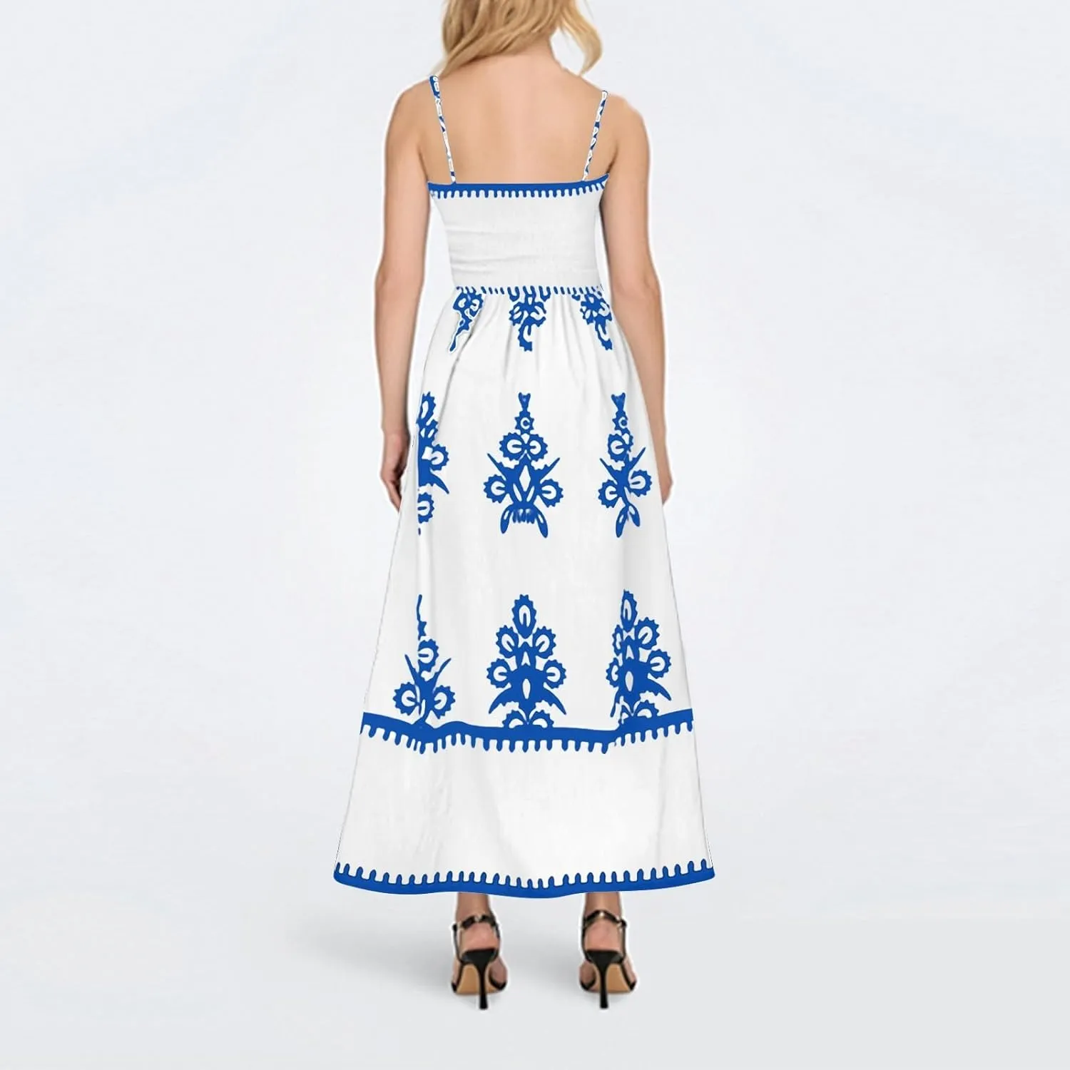 Summer Dresses for Women Elegant Spaghetti Strap Smocked Neck Sundresses with Pockets Vintage Printed Beach Dresses