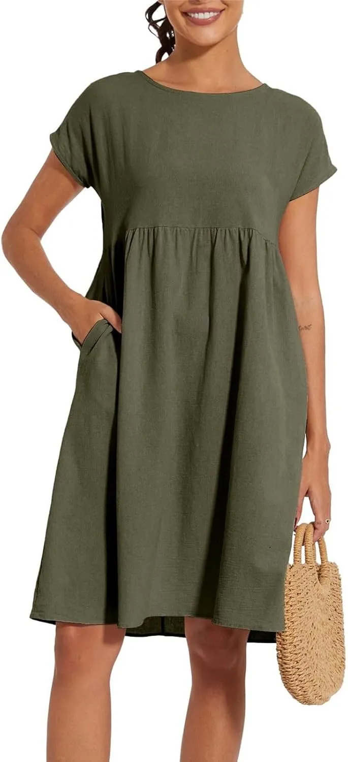 Summer Dresses for Women Linen Cotton Short Sleeve Boho Midi Dress Crew Neck Baggy Tunic Dresses with Pockets Beach Fashion