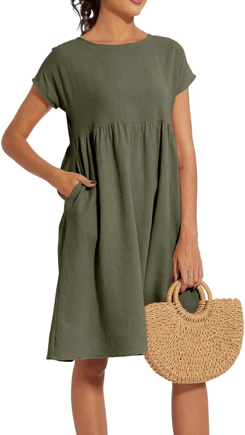 Summer Dresses for Women Linen Cotton Short Sleeve Boho Midi Dress Crew Neck Baggy Tunic Dresses with Pockets Beach Fashion
