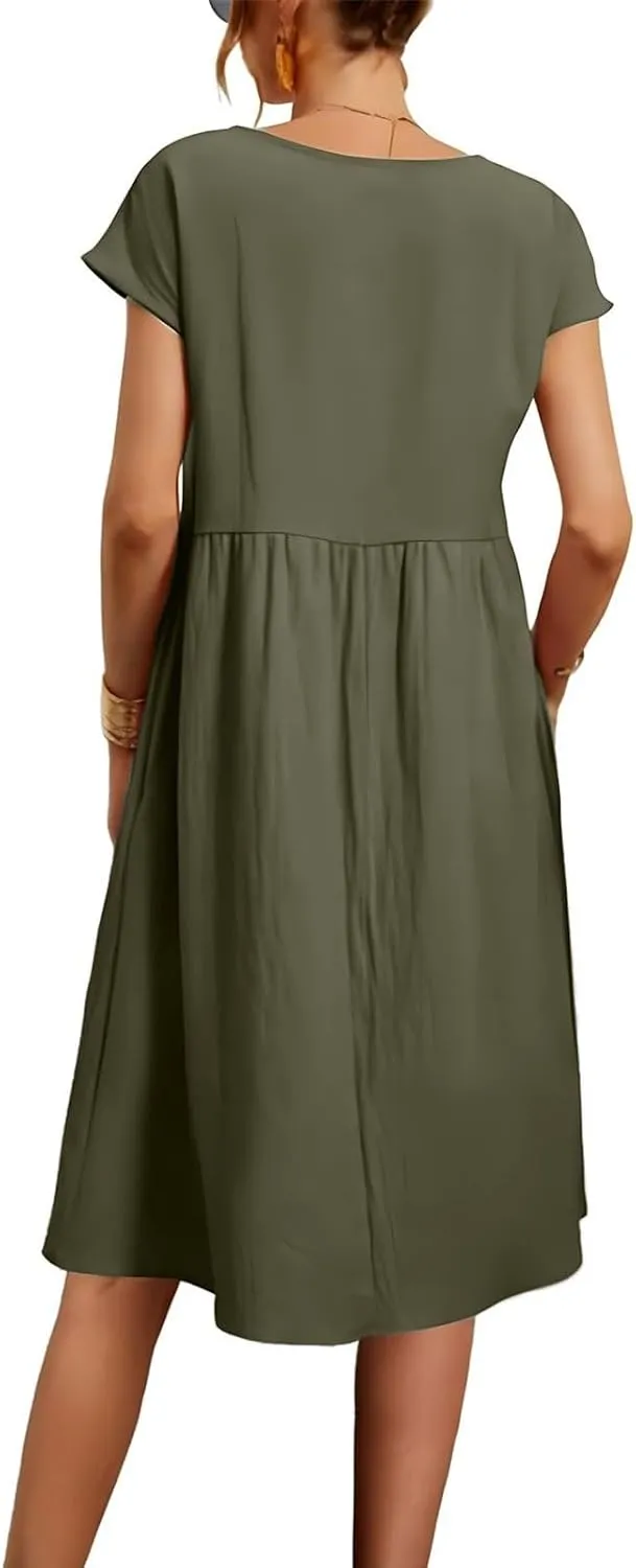 Summer Dresses for Women Linen Cotton Short Sleeve Boho Midi Dress Crew Neck Baggy Tunic Dresses with Pockets Beach Fashion
