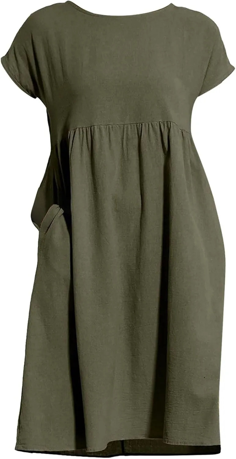 Summer Dresses for Women Linen Cotton Short Sleeve Boho Midi Dress Crew Neck Baggy Tunic Dresses with Pockets Beach Fashion