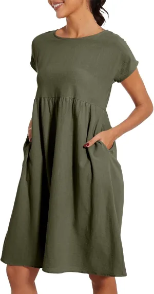 Summer Dresses for Women Linen Cotton Short Sleeve Boho Midi Dress Crew Neck Baggy Tunic Dresses with Pockets Beach Fashion