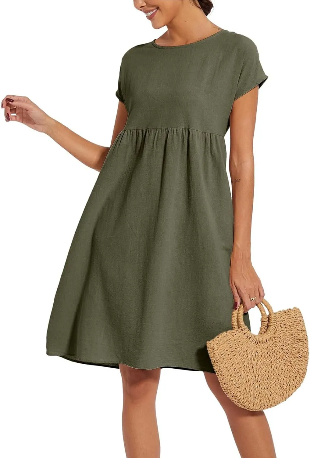 Summer Dresses for Women Linen Cotton Short Sleeve Boho Midi Dress Crew Neck Baggy Tunic Dresses with Pockets Beach Fashion