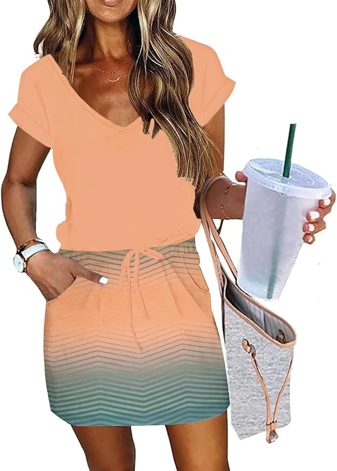 Summer Dresses for Women Tie Front A-Line Double Layer Hem Mini Dresses Beach Work Casual Sundress with Pockets