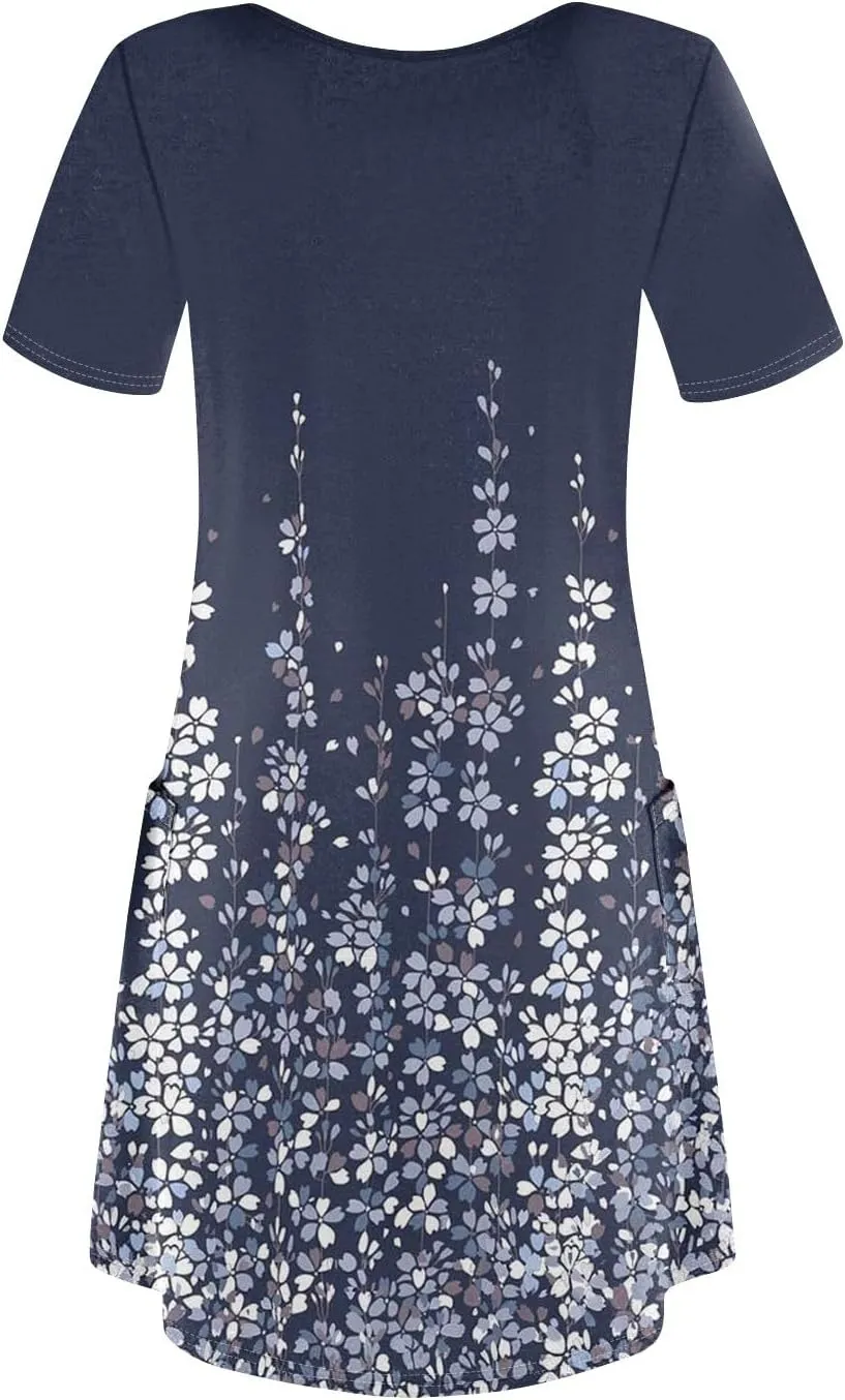 Summer Dresses for Women V-Neck Swimsuit Coverup Floral Sundresses Casual Short Sleeve T Shirt Dress Loose with Pockets