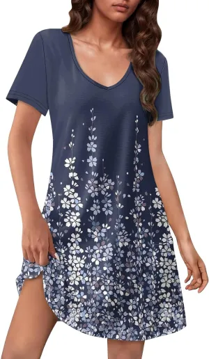 Summer Dresses for Women V-Neck Swimsuit Coverup Floral Sundresses Casual Short Sleeve T Shirt Dress Loose with Pockets