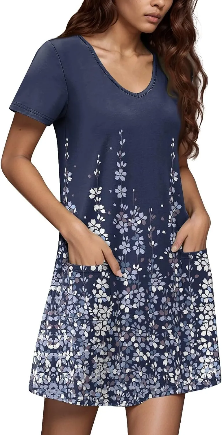 Summer Dresses for Women V-Neck Swimsuit Coverup Floral Sundresses Casual Short Sleeve T Shirt Dress Loose with Pockets