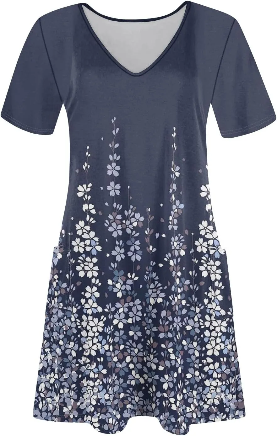 Summer Dresses for Women V-Neck Swimsuit Coverup Floral Sundresses Casual Short Sleeve T Shirt Dress Loose with Pockets