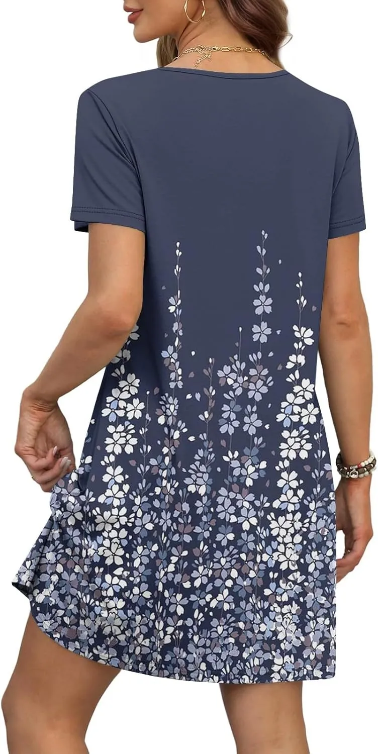 Summer Dresses for Women V-Neck Swimsuit Coverup Floral Sundresses Casual Short Sleeve T Shirt Dress Loose with Pockets