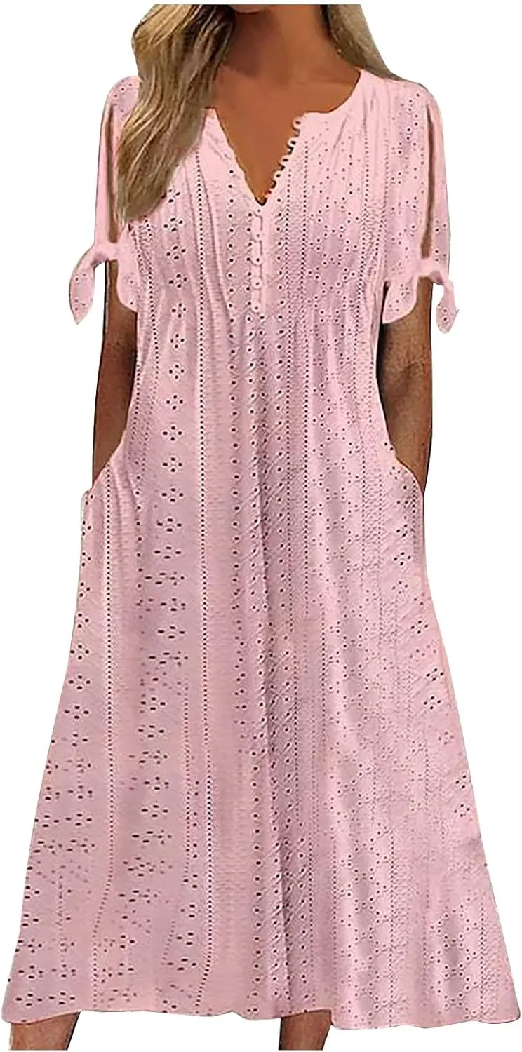 Summer Eyelet Dresses for Women 2024 with Pockets Short Sleeve Button V Neck Flowy A Line Casual Boho Midi Sun Dress