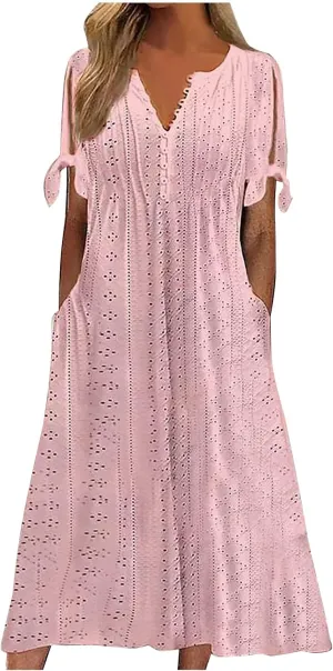 Summer Eyelet Dresses for Women 2024 with Pockets Short Sleeve Button V Neck Flowy A Line Casual Boho Midi Sun Dress