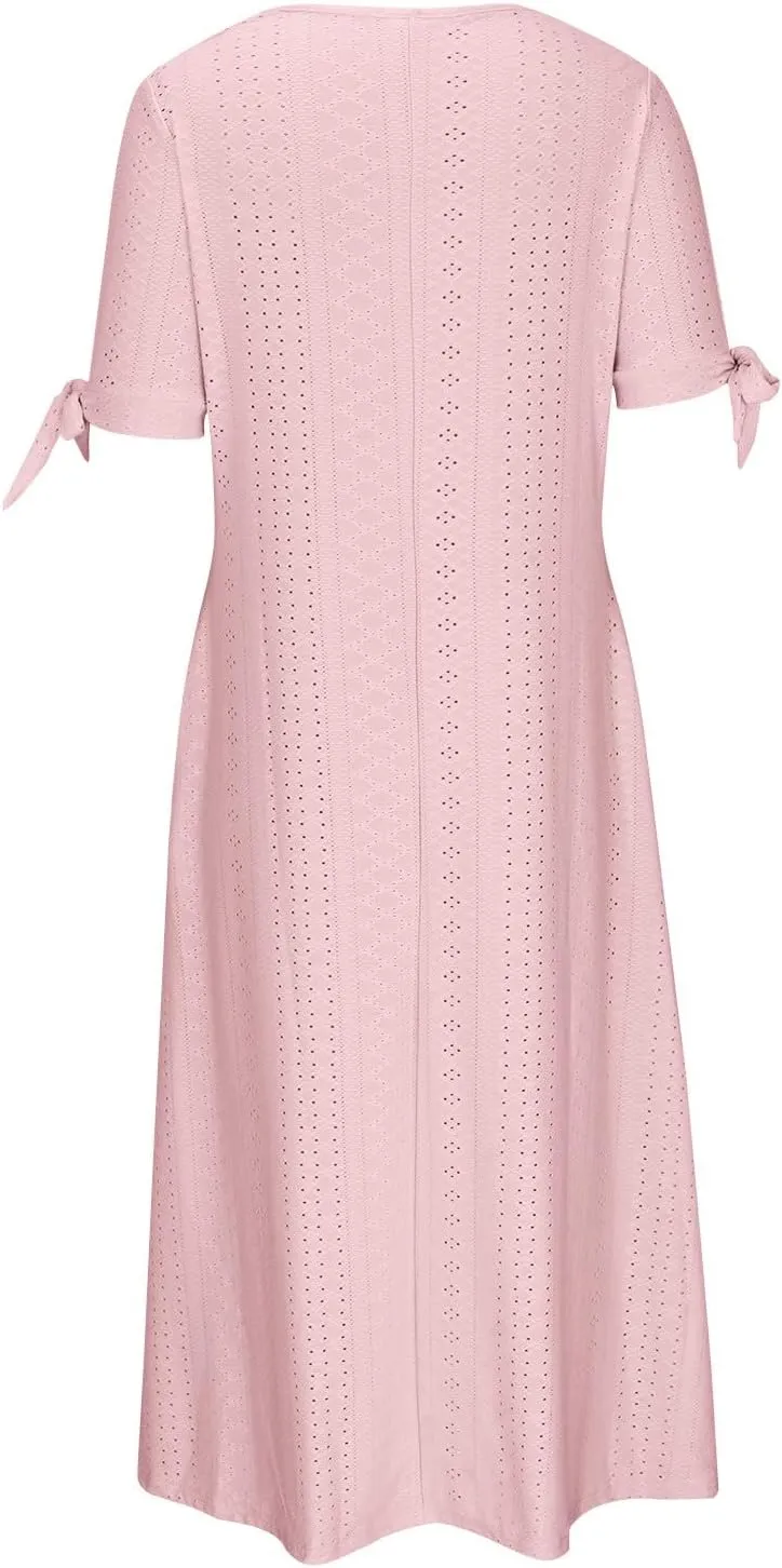 Summer Eyelet Dresses for Women 2024 with Pockets Short Sleeve Button V Neck Flowy A Line Casual Boho Midi Sun Dress