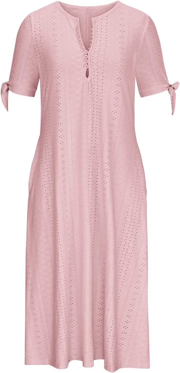 Summer Eyelet Dresses for Women 2024 with Pockets Short Sleeve Button V Neck Flowy A Line Casual Boho Midi Sun Dress