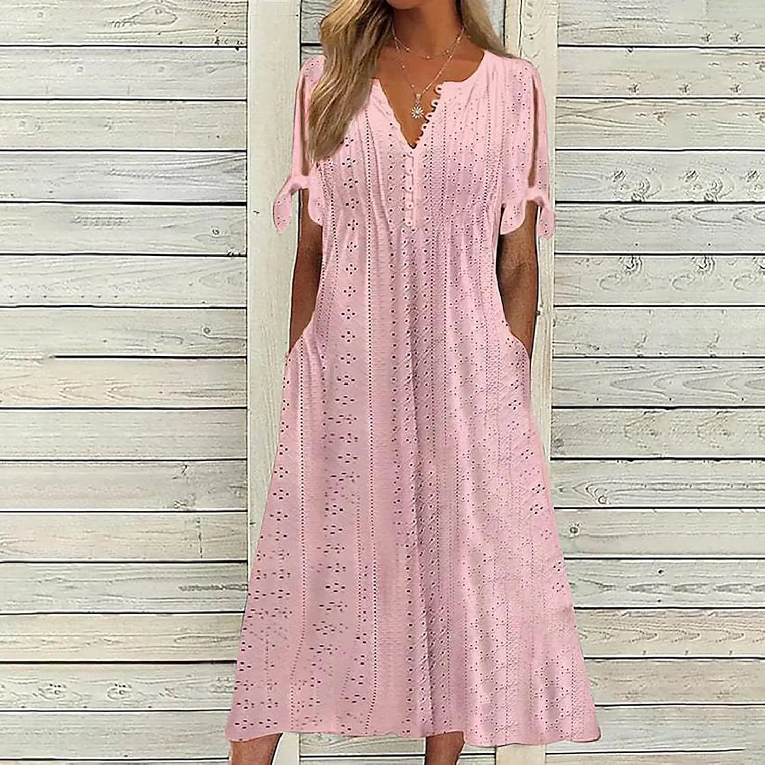 Summer Eyelet Dresses for Women 2024 with Pockets Short Sleeve Button V Neck Flowy A Line Casual Boho Midi Sun Dress