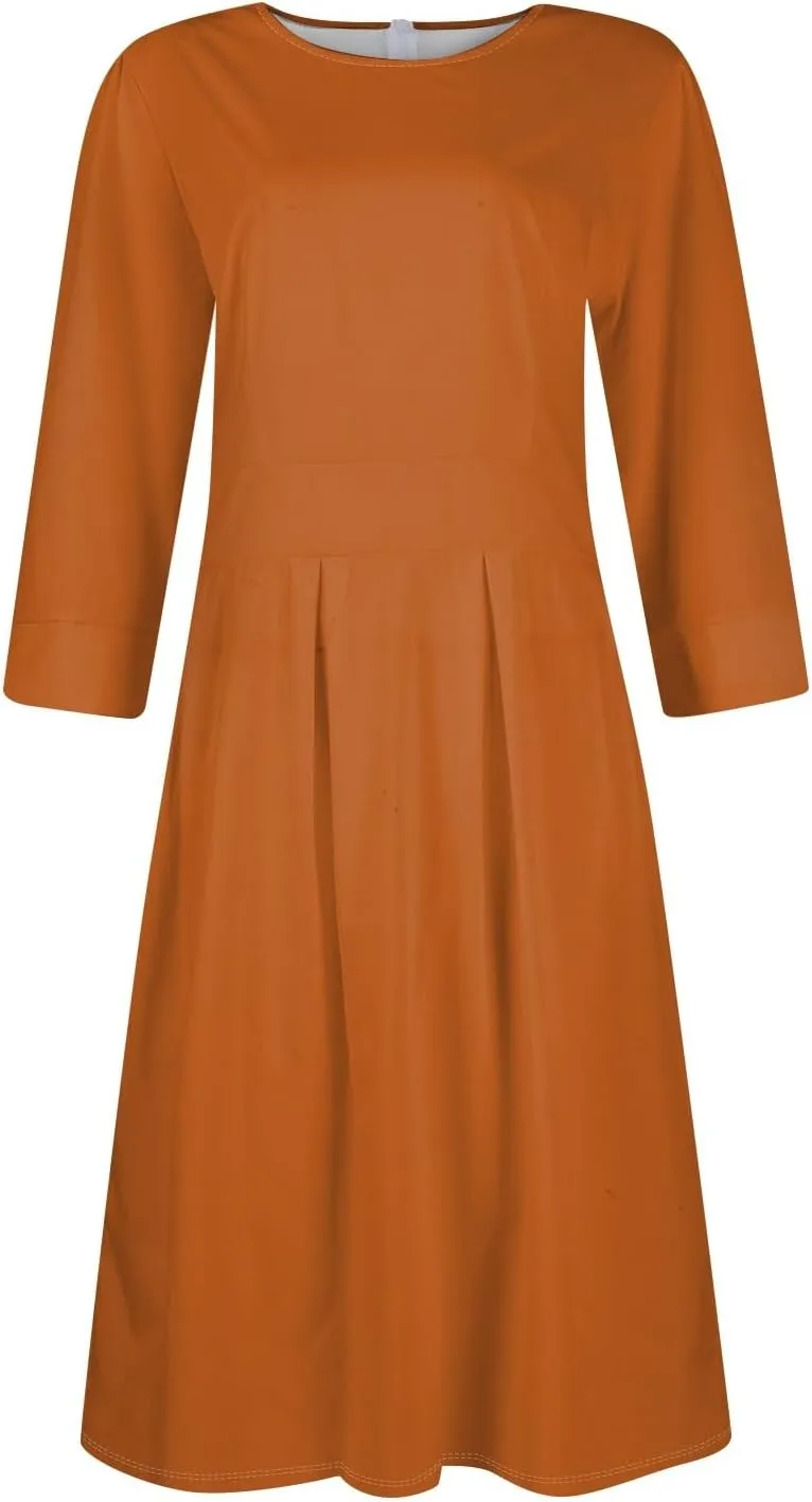 Summer Fall Long Sleeve Formal Midi Dress for Women Trendy Smocked Flowy Casual 3/4 Sleeve Elegant Floral Dress