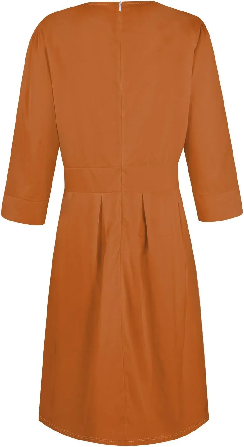 Summer Fall Long Sleeve Formal Midi Dress for Women Trendy Smocked Flowy Casual 3/4 Sleeve Elegant Floral Dress