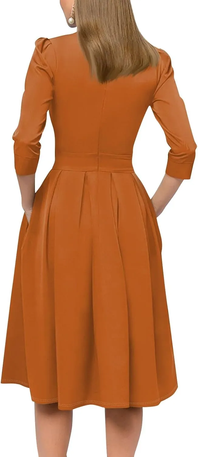 Summer Fall Long Sleeve Formal Midi Dress for Women Trendy Smocked Flowy Casual 3/4 Sleeve Elegant Floral Dress