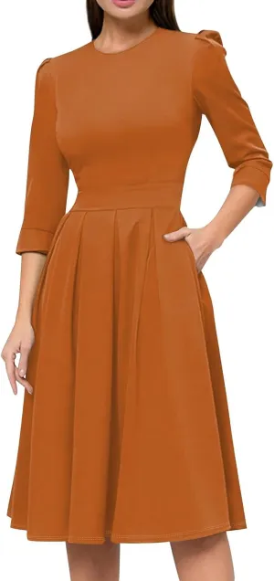 Summer Fall Long Sleeve Formal Midi Dress for Women Trendy Smocked Flowy Casual 3/4 Sleeve Elegant Floral Dress