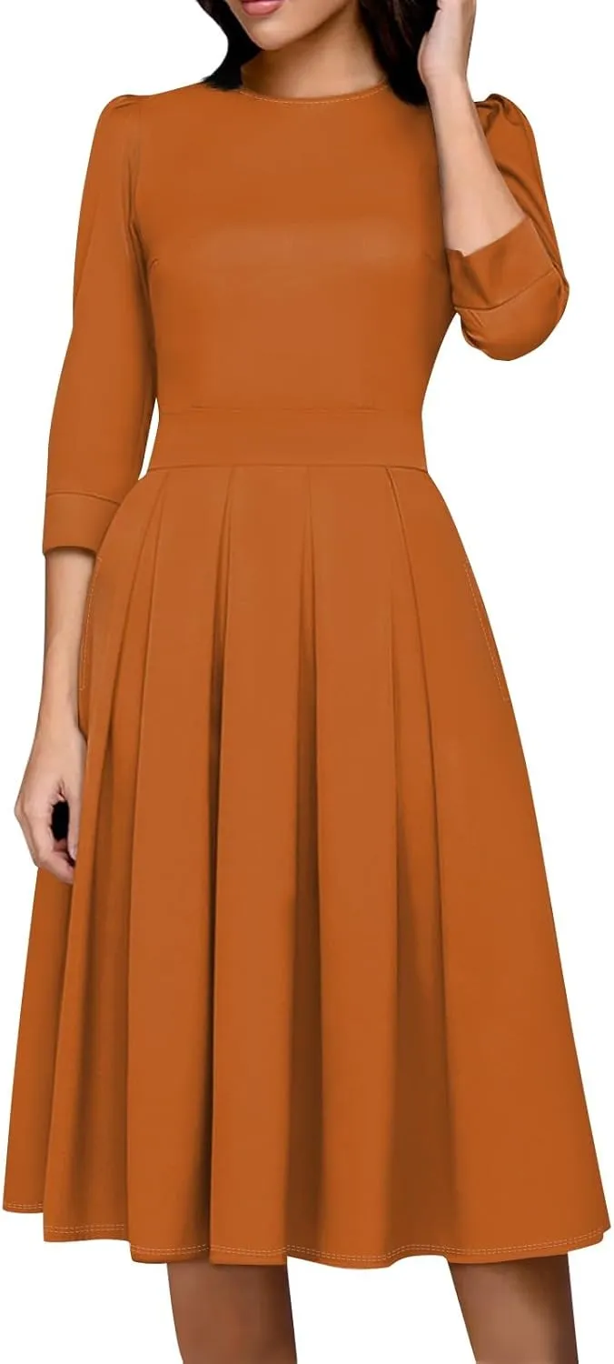 Summer Fall Long Sleeve Formal Midi Dress for Women Trendy Smocked Flowy Casual 3/4 Sleeve Elegant Floral Dress